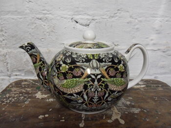 Two Cup Teapot In Black Strawberry Thief Design, 3 of 5