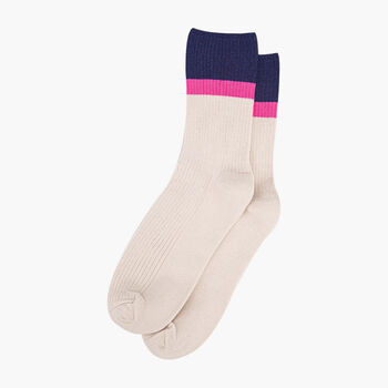 Glitter Mid Calf Ribbed Cotton Boot Socks Contrast Cuff Cream Navy, 2 of 3