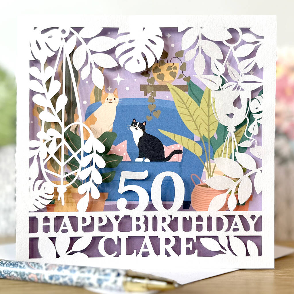 Personalised Cat And Plant Birthday Card
