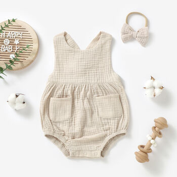 Organic Cotton Muslin Baby Romper And Headband Set, 2 of 6