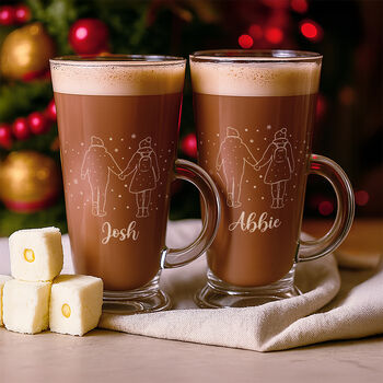 Christmas Couple In The Snow Pair Of Glass Hot Chocolate Coffee Latte Mugs, 8 of 8