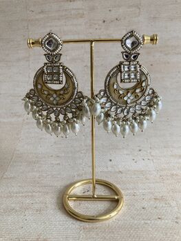 White Antique Gold Chand Bali Indian Earrings, 2 of 9