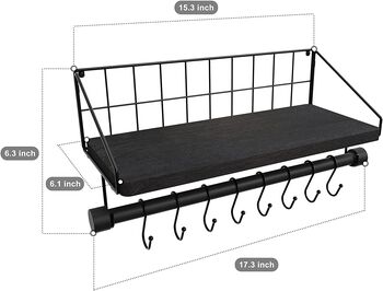 Black Wall Mounted Floating Kitchen Shelf With Hooks, 8 of 8