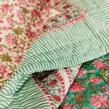Green Sanganeri Block Print Reversible Quilt Boho, 3 of 7