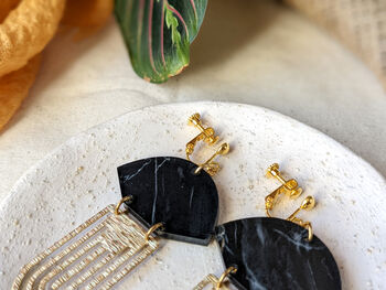 Clip On Portoro Back Marble Brass Art Deco Acrylic Fan Drop Earrings, 3 of 5