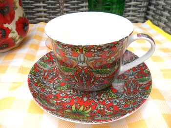 Large Cup And Saucer In William Morris Red Strawberry Thief Design, 3 of 9