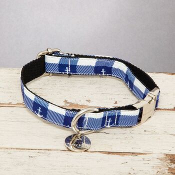 The Anglesey Nautical Checked Blue Anchor Design Dog Collar, 5 of 8