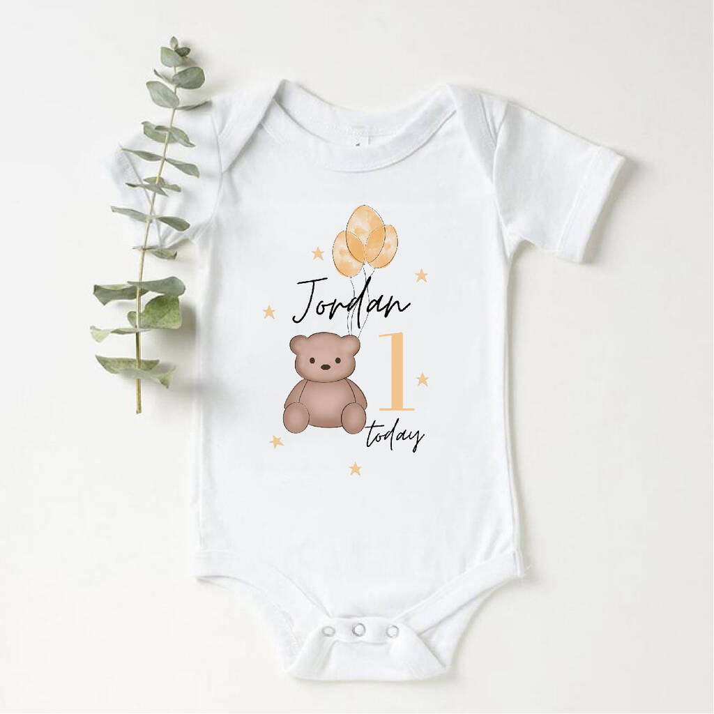'One Today' Personalised Teddy Bear Baby Vest By Babbico ...