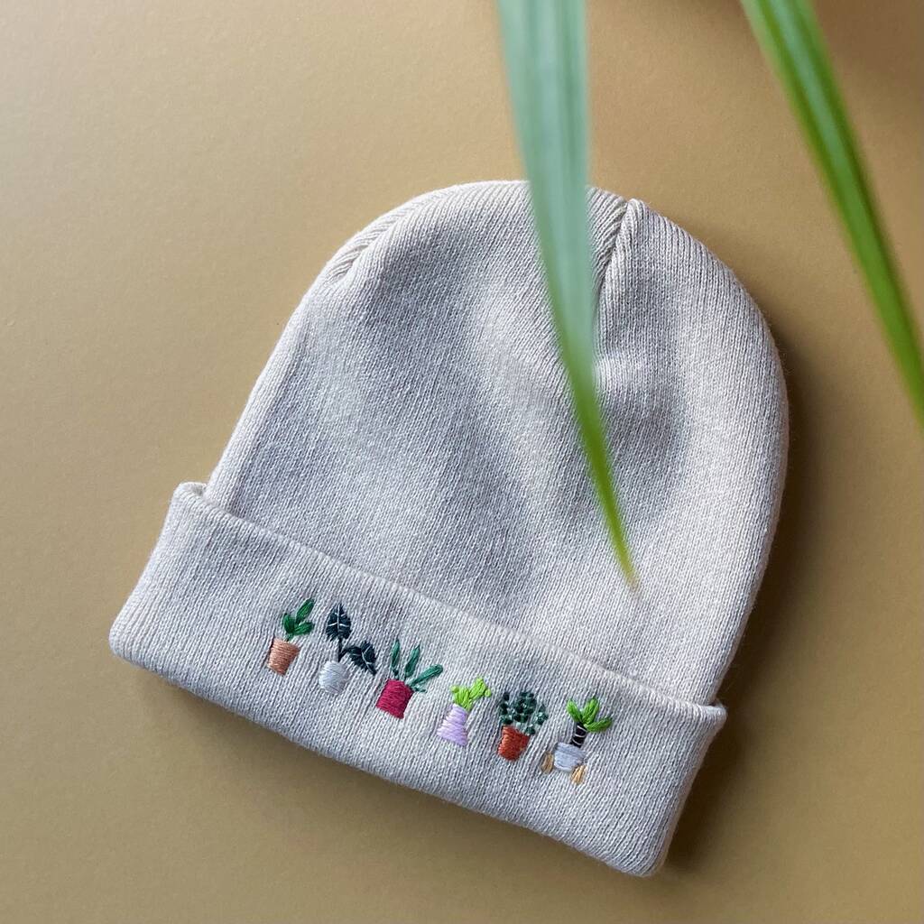 Unisex Hand Embroidered Grey Beanie With Plants, 1 of 6