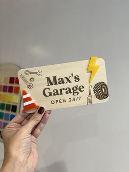 Personalised Wooden Car Garage Playroom Sign Montessori Pretend Play Accessory, 3 of 7