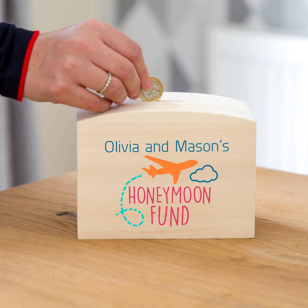 Personalised Honeymoon Fund Money Box Engagement Gift, 1 of 3