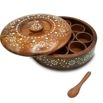 Wooden Handcrafted Round Spice Box With Spoon, 5 of 7
