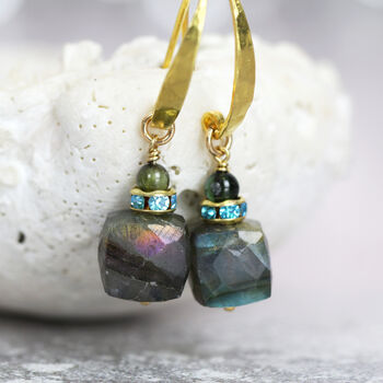 Hammered Gold Labradorite Cube Earrings, 7 of 10