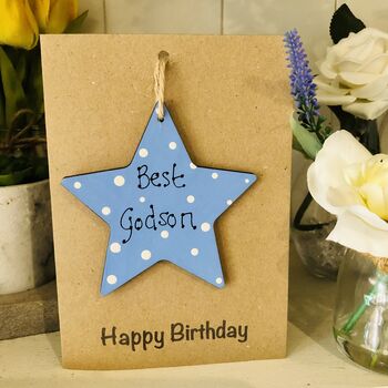 Personalised Godson Wooden Star Keepsake Birthday Card, 2 of 2