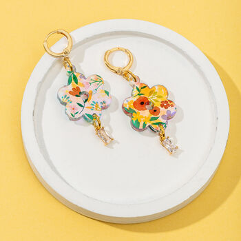 18 K Gold Plated Huggie Earrings With Iridescent Summer Flowers And A Hanging Gemstone, 3 of 9