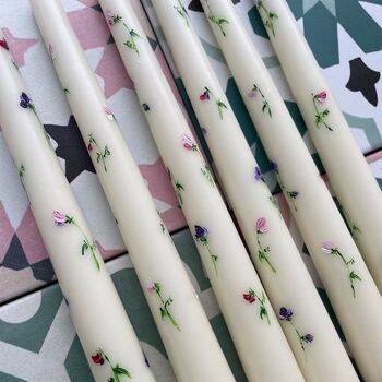 Ivory Hand Painted Pair Of Sweet Pea Taper Candles, 2 of 4