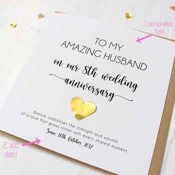 Personalised Bronze 8th Anniversary Card For Husband/Wife, 2 of 8