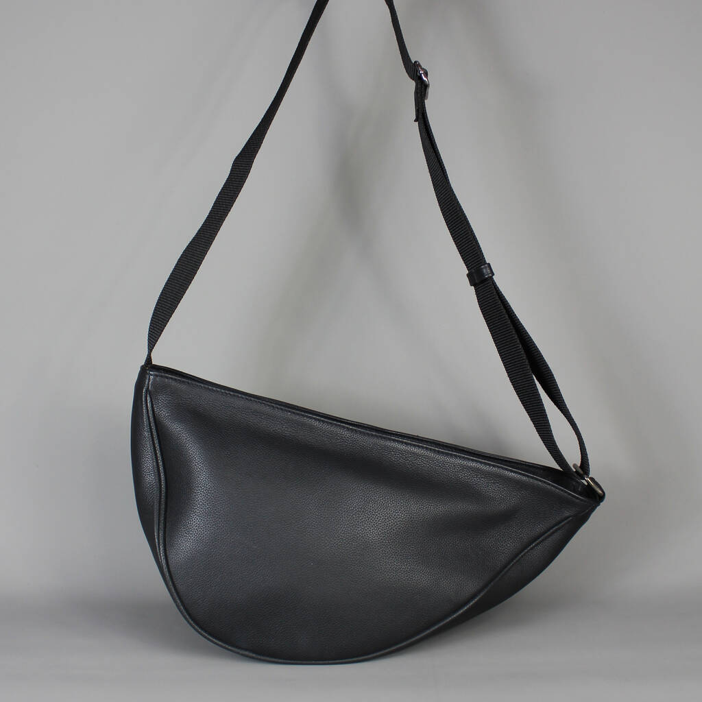 Black Leather Crossbody Sling Bag With Gunmetal Zip By Vintage Child