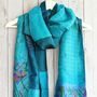 Teal Kantha Stitch Handmade Silk Scarf, thumbnail 2 of 6