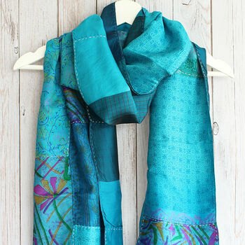 Teal Kantha Stitch Handmade Silk Scarf, 2 of 6