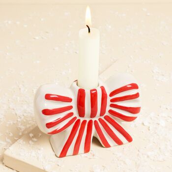 Red And White Stripe Bow Ceramic Candle Holder, 2 of 4