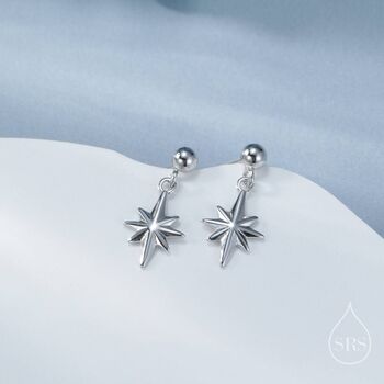Sterling Silver Delicate Starburst Dangle Stud Earrings, 2 of 12