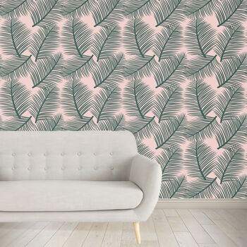 Wallpaper Palm Leaf Garden Pale Pink And Green Tropical, 2 of 2