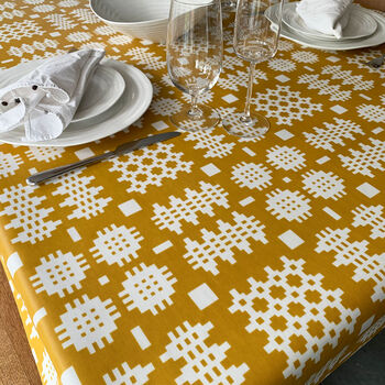 Welsh Blanket Print Oilcloth Tablecloth Matt Mustard, 4 of 4