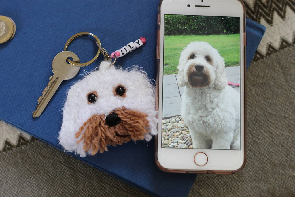 personalised crochet 2d dog face keyring letterbox gift by lovingly