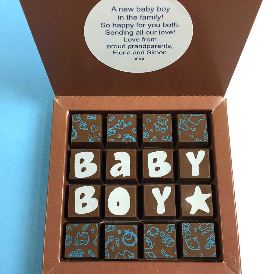 personalised new baby boy message chocolates by cocoapod chocolates