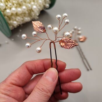 Copper Leaf Hair Pin With Pearls Perfect For Weddings, 10 of 10