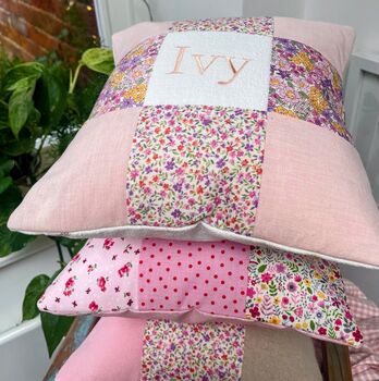 Peachy Pink Patchwork Name Cushion, 4 of 6