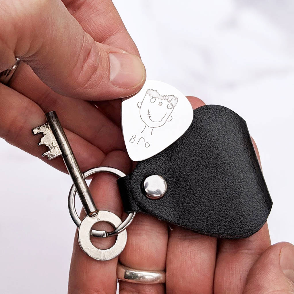 Image of Personalised Your Drawing Plectrum Leather Case Keyring