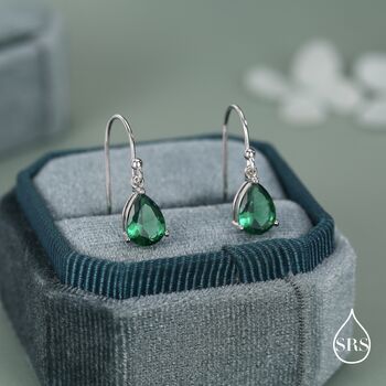 Sterling Silver Emerald Green Pear Cut Cz Drop Earrings, 3 of 11