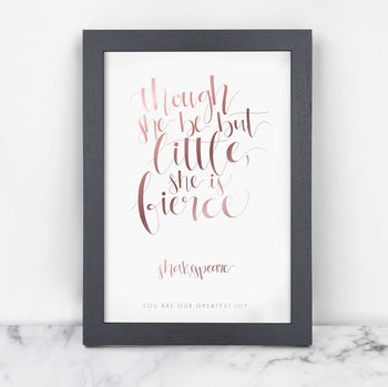 Foil Calligraphy 'Little But Fierce' Baby Girl Print, 2 of 3