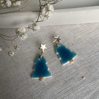 Handcrafted Ceramic Blue Christmas Tree Earrings, 6 of 7