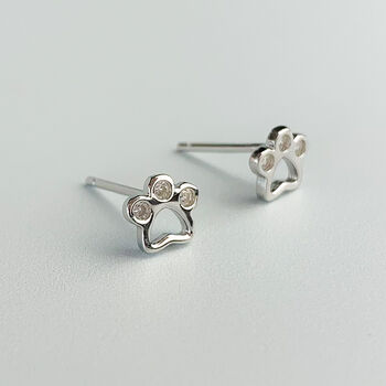 Sterling Silver Crystal Paw Print Stud Earrings, 2 of 5