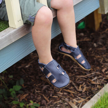 Dotty Fish Navy Soft Leather Baby Sandals With Barefoot Soles, 2 of 8