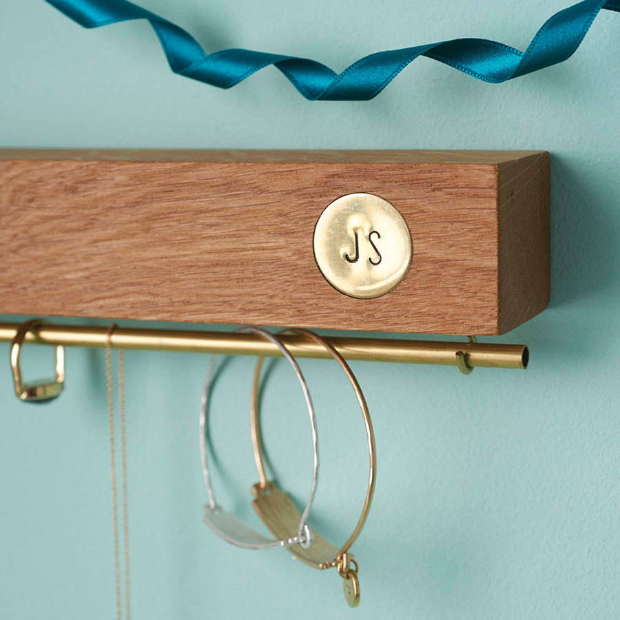 personalised oak and brass jewellery stand by the forest & co