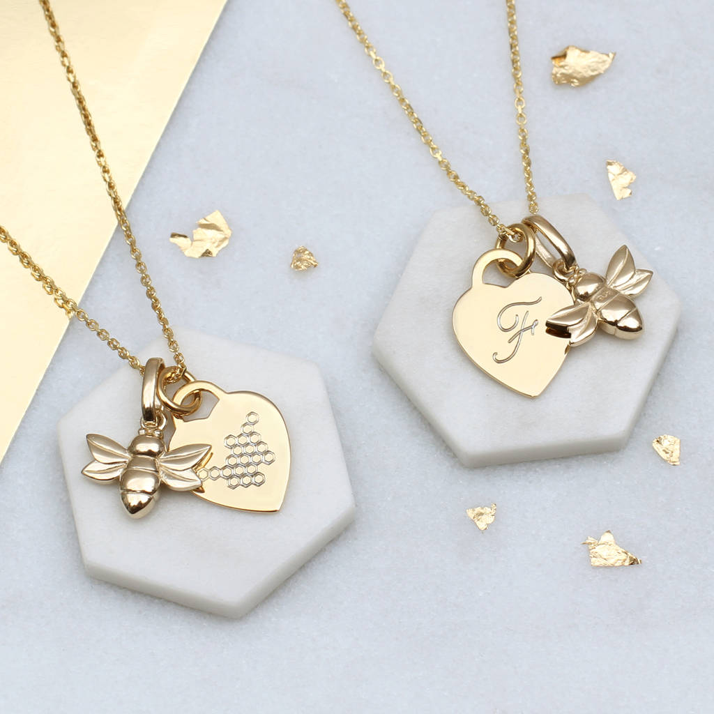 Personalised 18 Ct Gold Plated Bee And Heart Necklace, 1 of 4