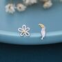 Mismatched Toucan And Flower Stud Earrings In Sterling Silver, thumbnail 1 of 9