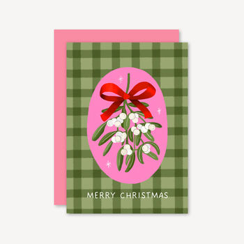 Gingham Mistletoe Christmas Card Green, 2 of 3