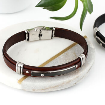 Men's Leather And Ruthenium Bracelet, 2 of 5