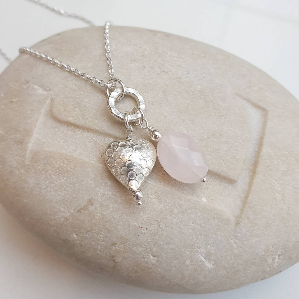 Silver Heart & Rose Quartz Necklace By Adela Rome