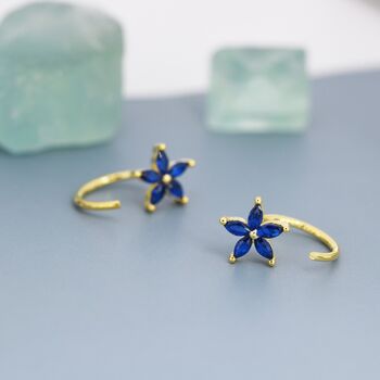 Sapphire Blue Flower Cz Huggie Hoop Earrings, 3 of 11
