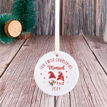First Christmas Engaged Ceramic Ornament With Gnomes, 7 of 7
