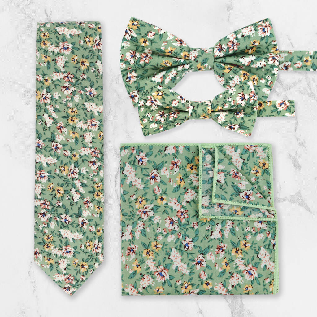 Handmade Wedding Tie In Sage Green Floral Print, 1 of 8
