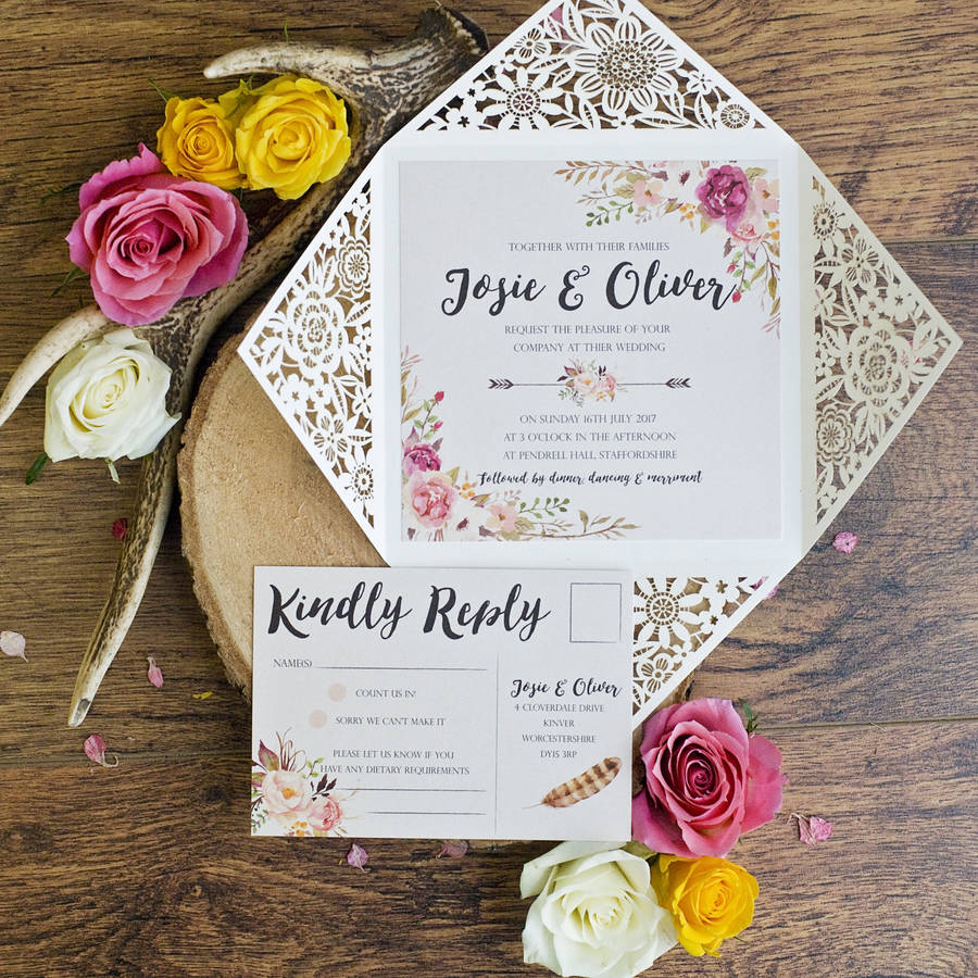 peony floral design laser cut wedding invitation by peach wolfe paper