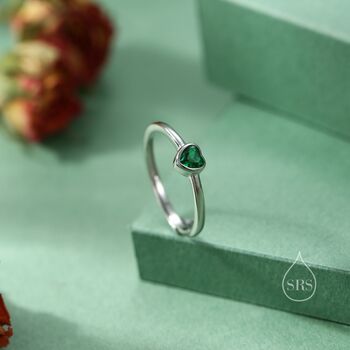 Sterling Silver Very Tiny Emerald Green Cz Heart Ring, 5 of 12