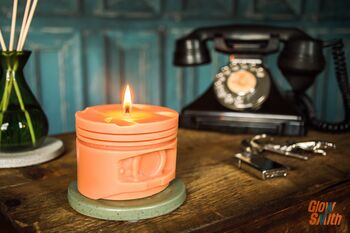 Engine Piston Candle: Spiced Orange Man Cave Candle, Car Engine Part Moulded Scented Candle. Handmade UK By Glowsmith, 3 of 4